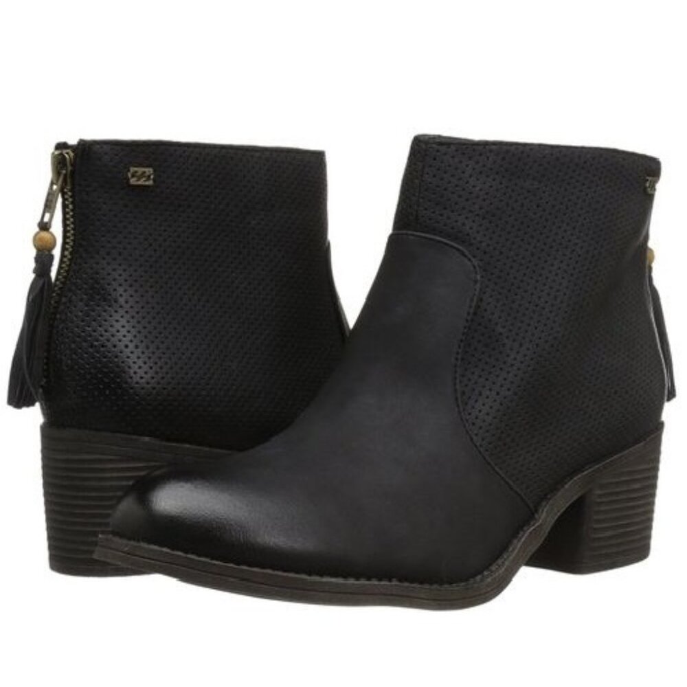 Billabong Talia Black Boots Distressed Leather Vegan Zip Up Biker Ankle Booties